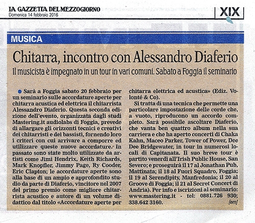 La Gazzetta del Mezzogiorno - 14/02/2016 - Chitarra, incontro con Alessandro Diaferio