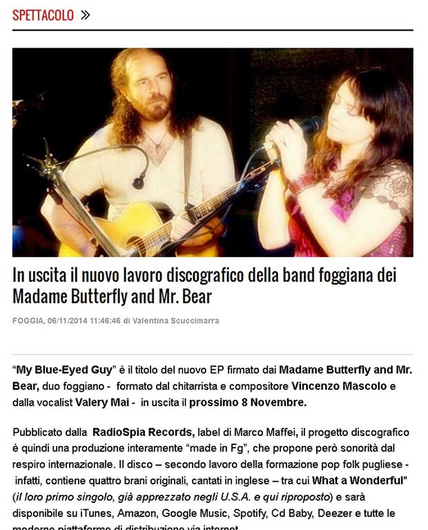 Teleradioerre - Nov 06 2014 - In uscita il nuovo lavoro discografico della band foggiana Madame Butterfly and Mr. Bear